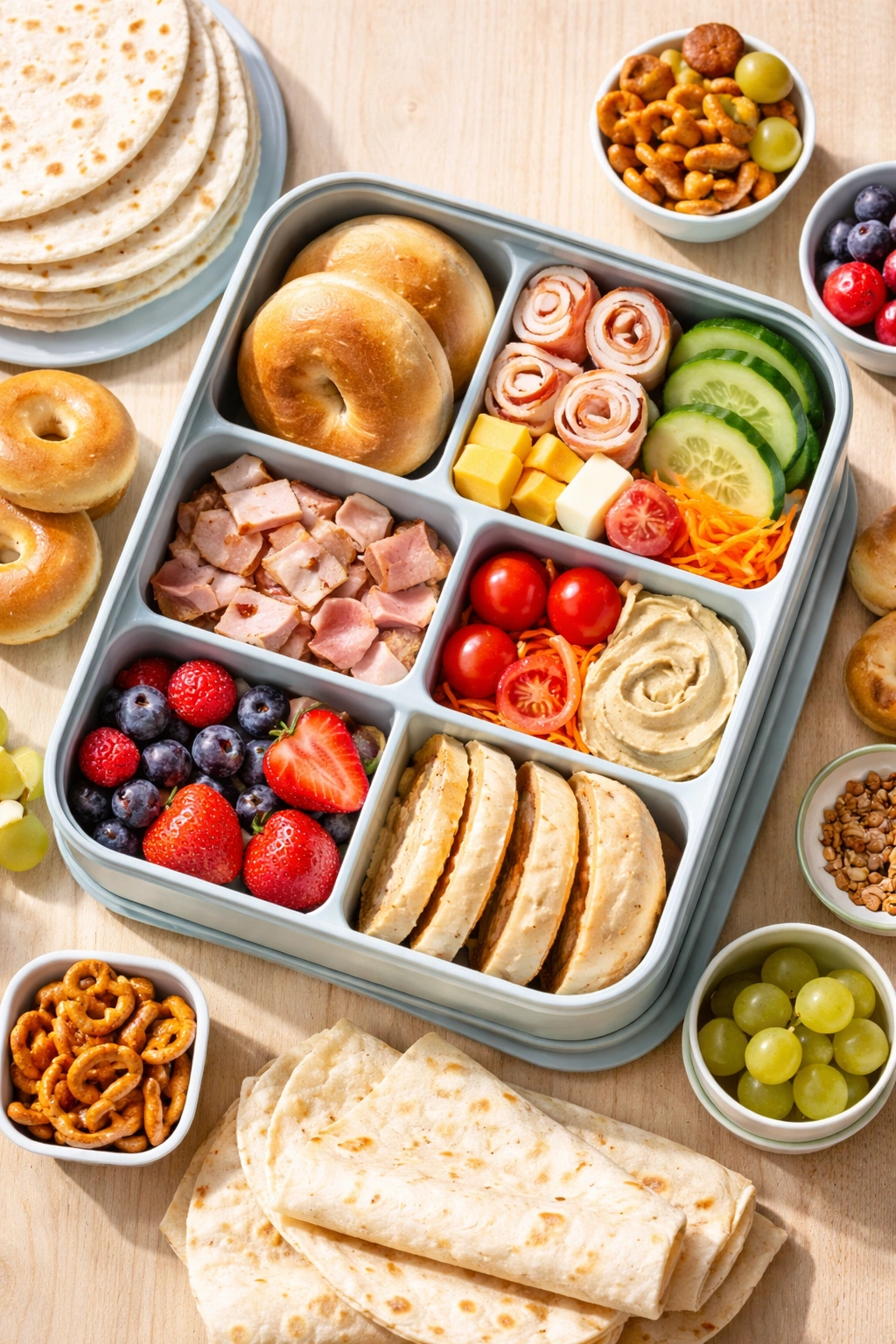 Lunchbox with bread roll and separate fillings for a sandwich-free meal