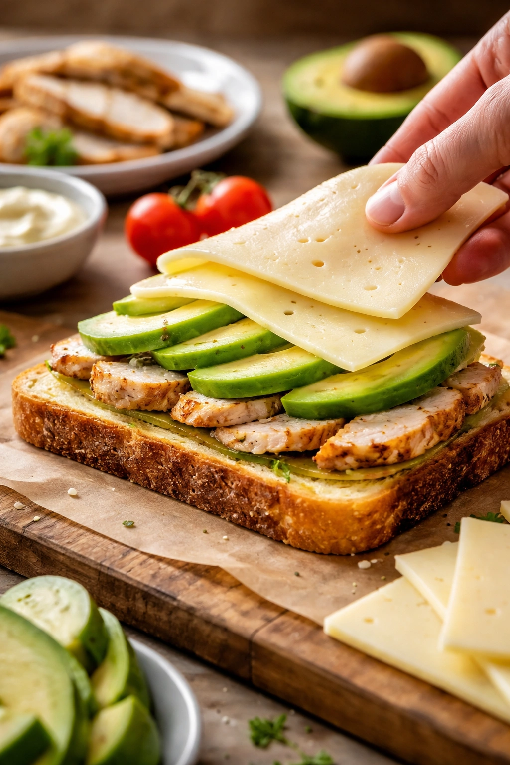 Partially assembled sandwich showing bread, chicken, avocado, and cheese layers