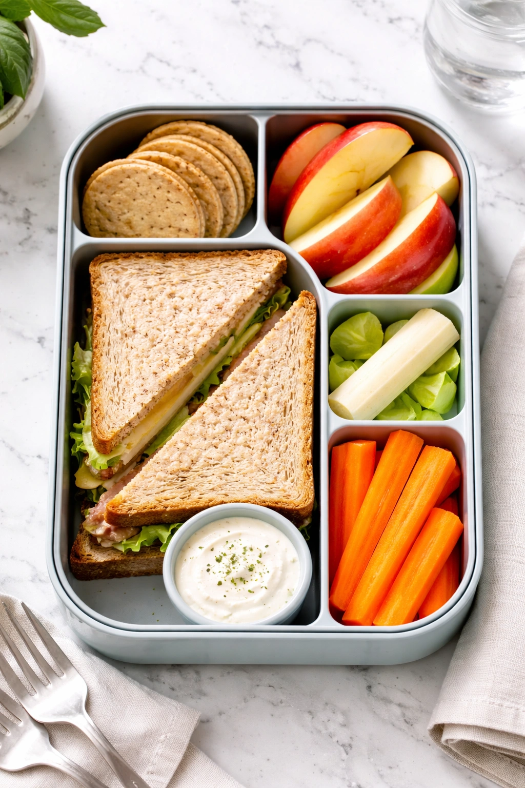 Top-down Classic Sandwich Bento with sandwich, apple, cheese, crackers, and carrots