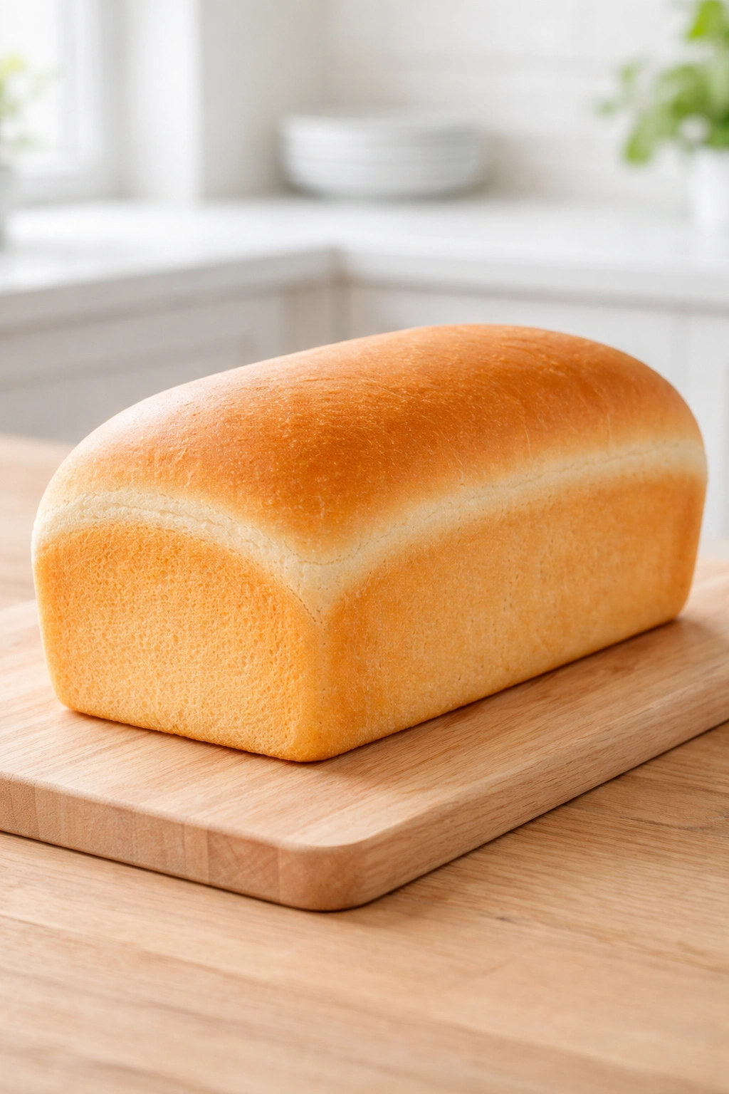 Loaf of Simple Sandwich Bread with pale crust on wood