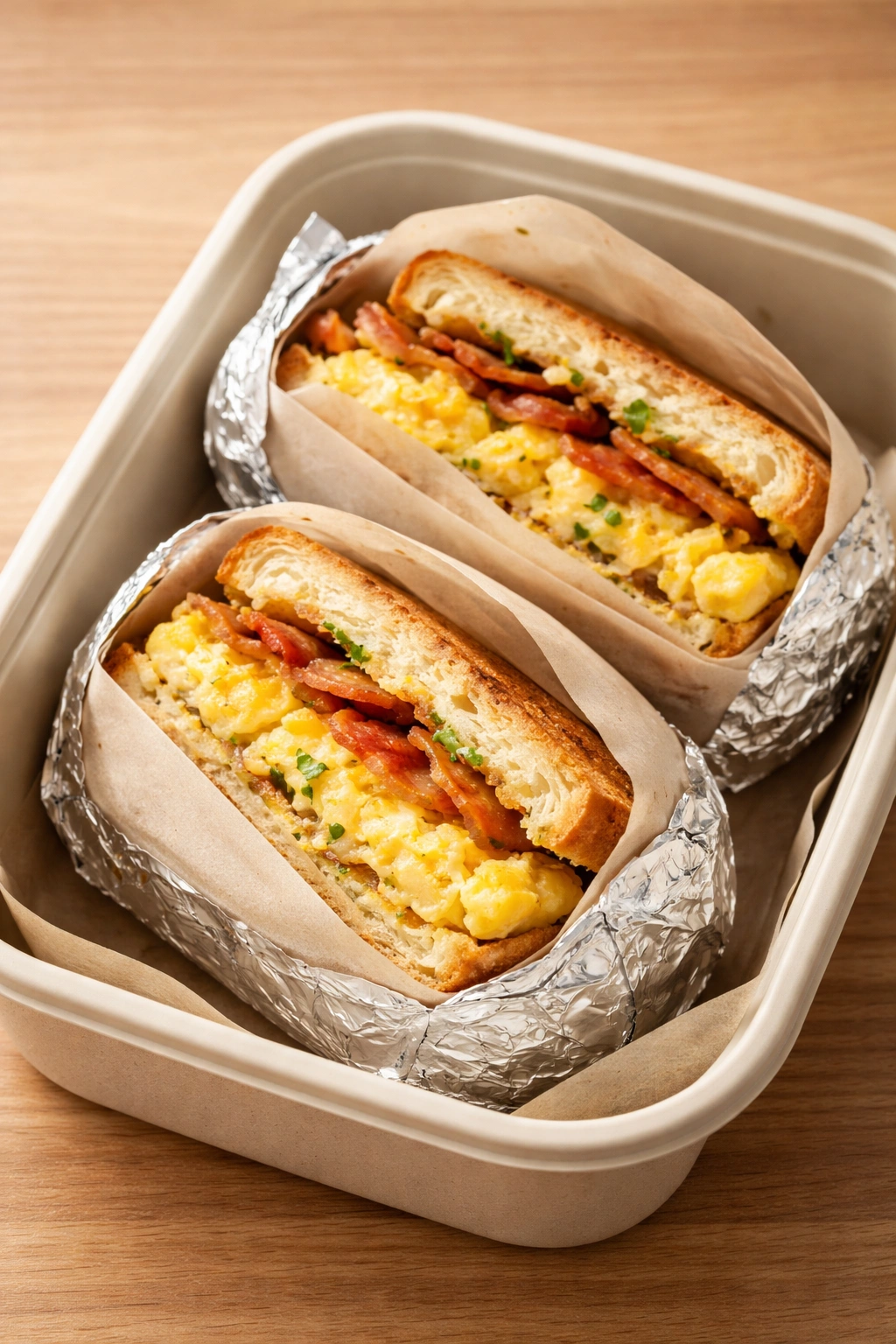 Close-up of a sandwich wrapped for transport on a wooden surface