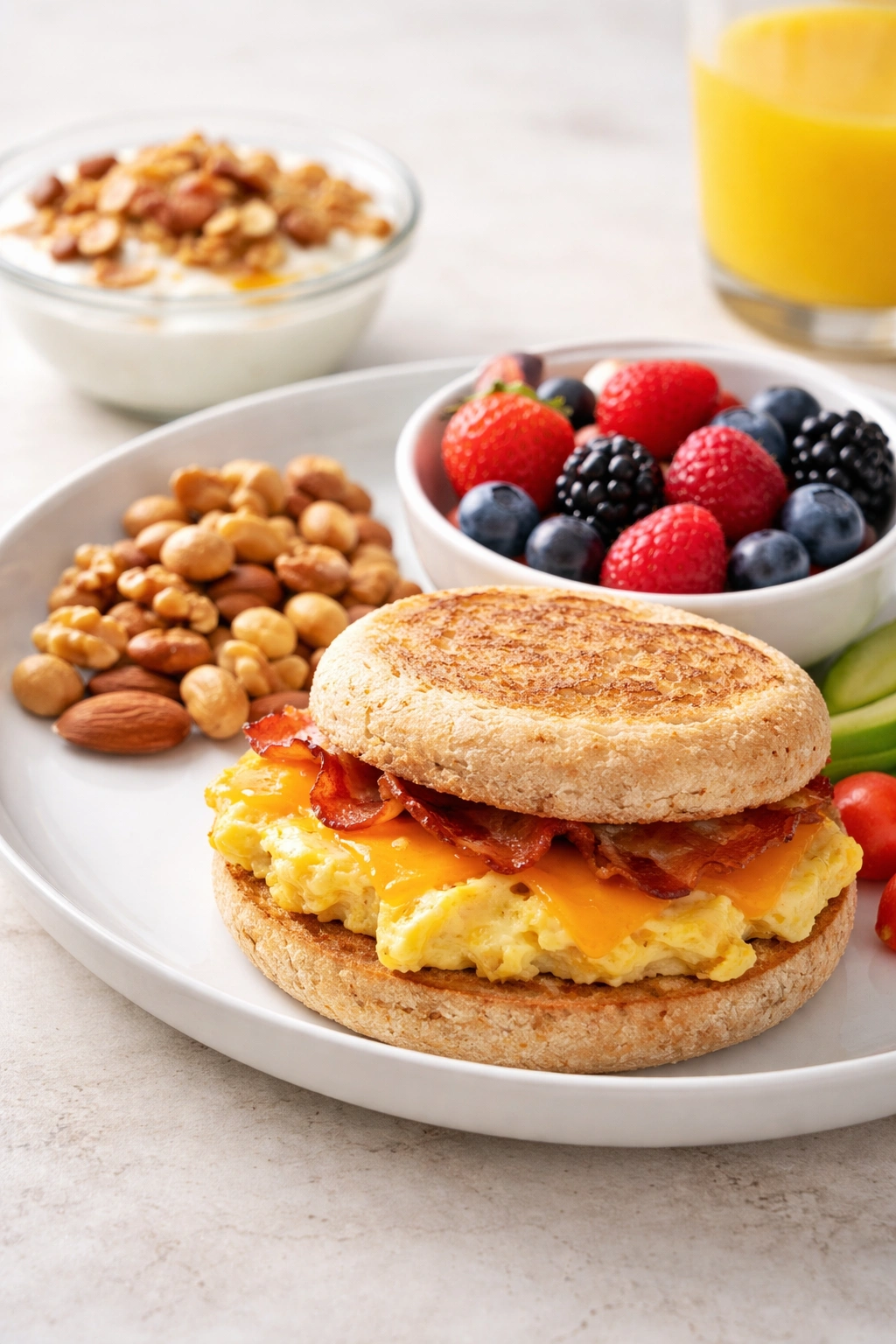 Egg sandwich plated with berries and nuts as quick sides