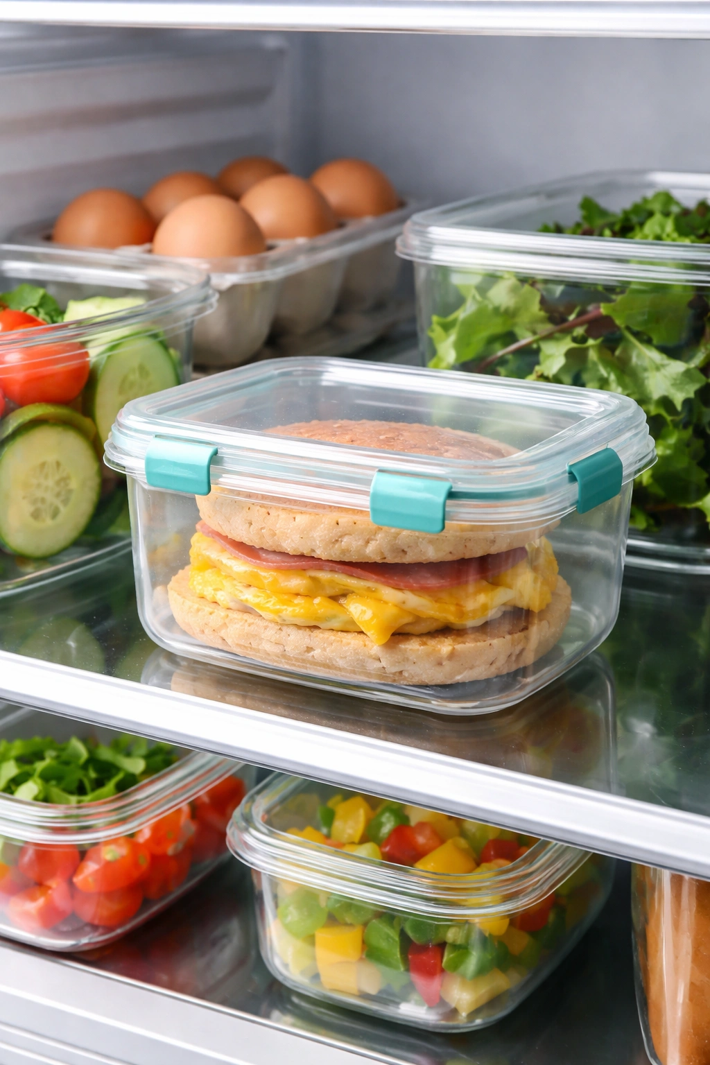 Egg sandwich stored in airtight container in fridge