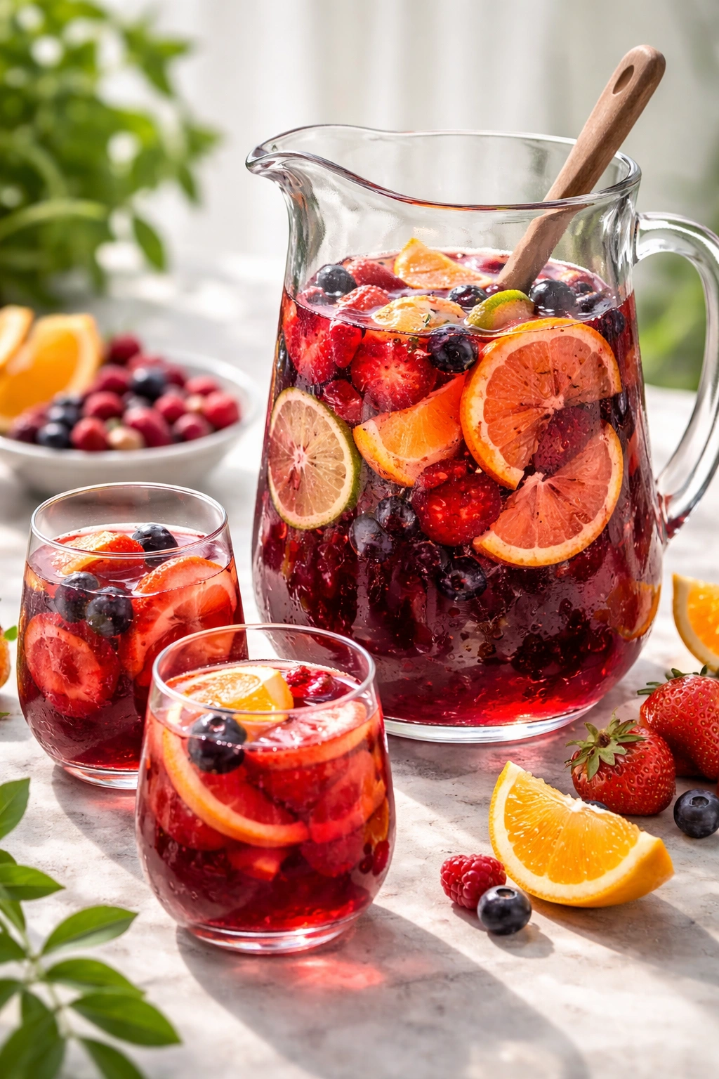 Red sangria with orange slices and berries in a clear pitcher