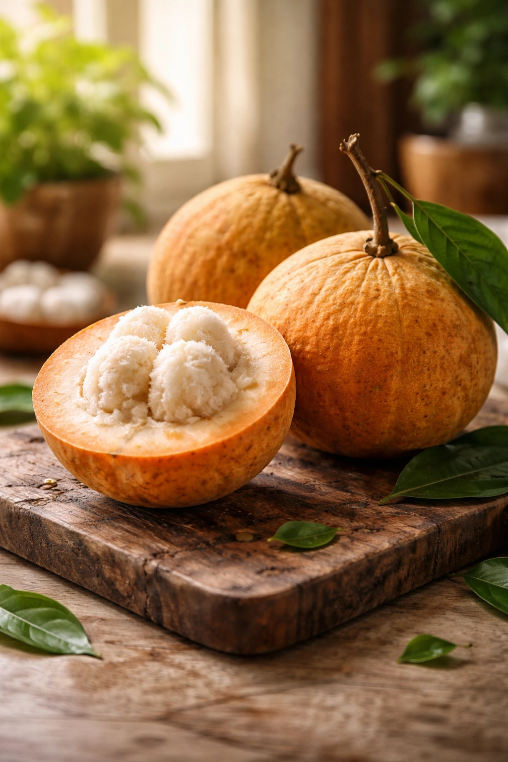 Close-up of a ripe Santol fruit showing textured rind and rich color