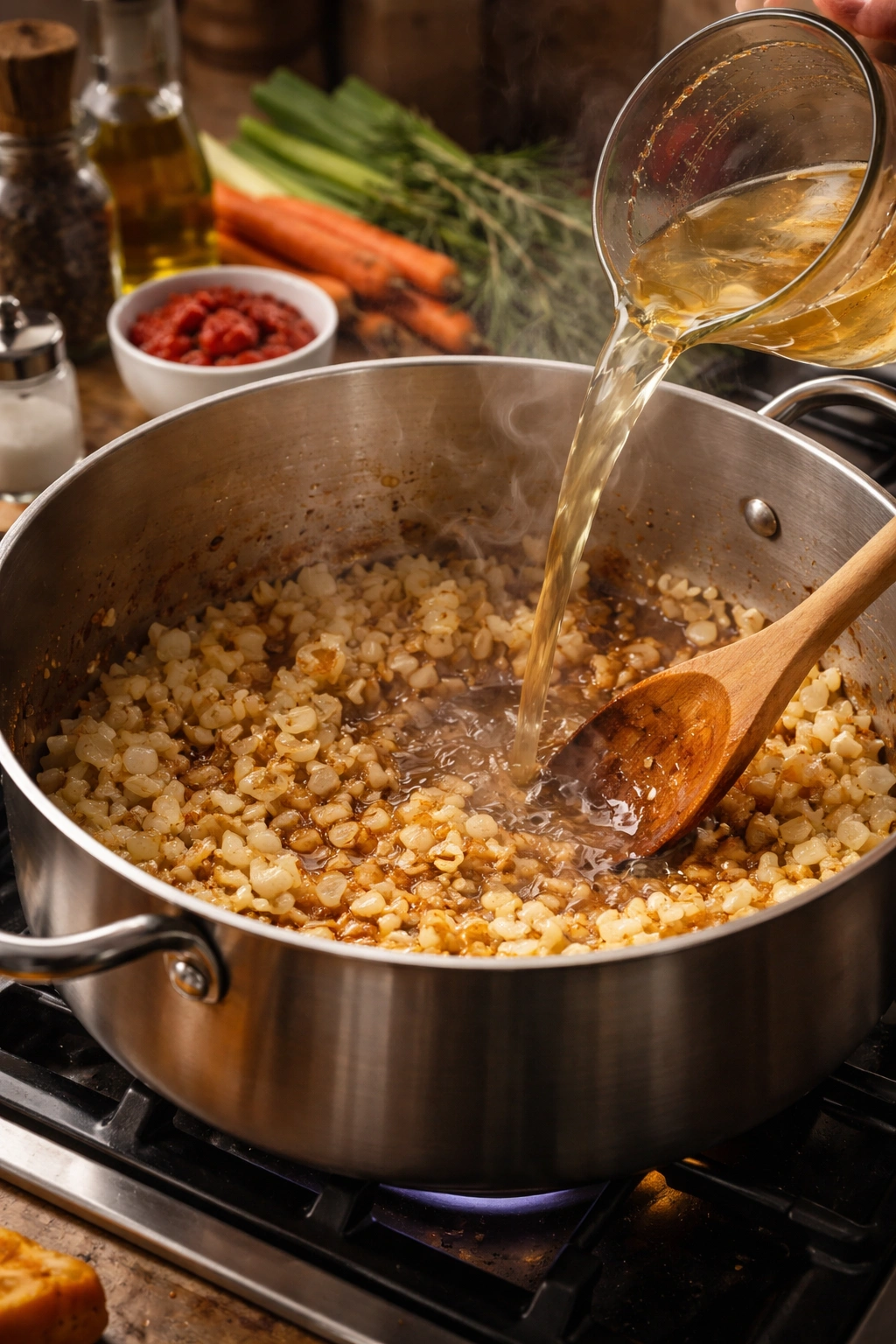 Onions and garlic sautéing in a pot to form a rich sauce base.