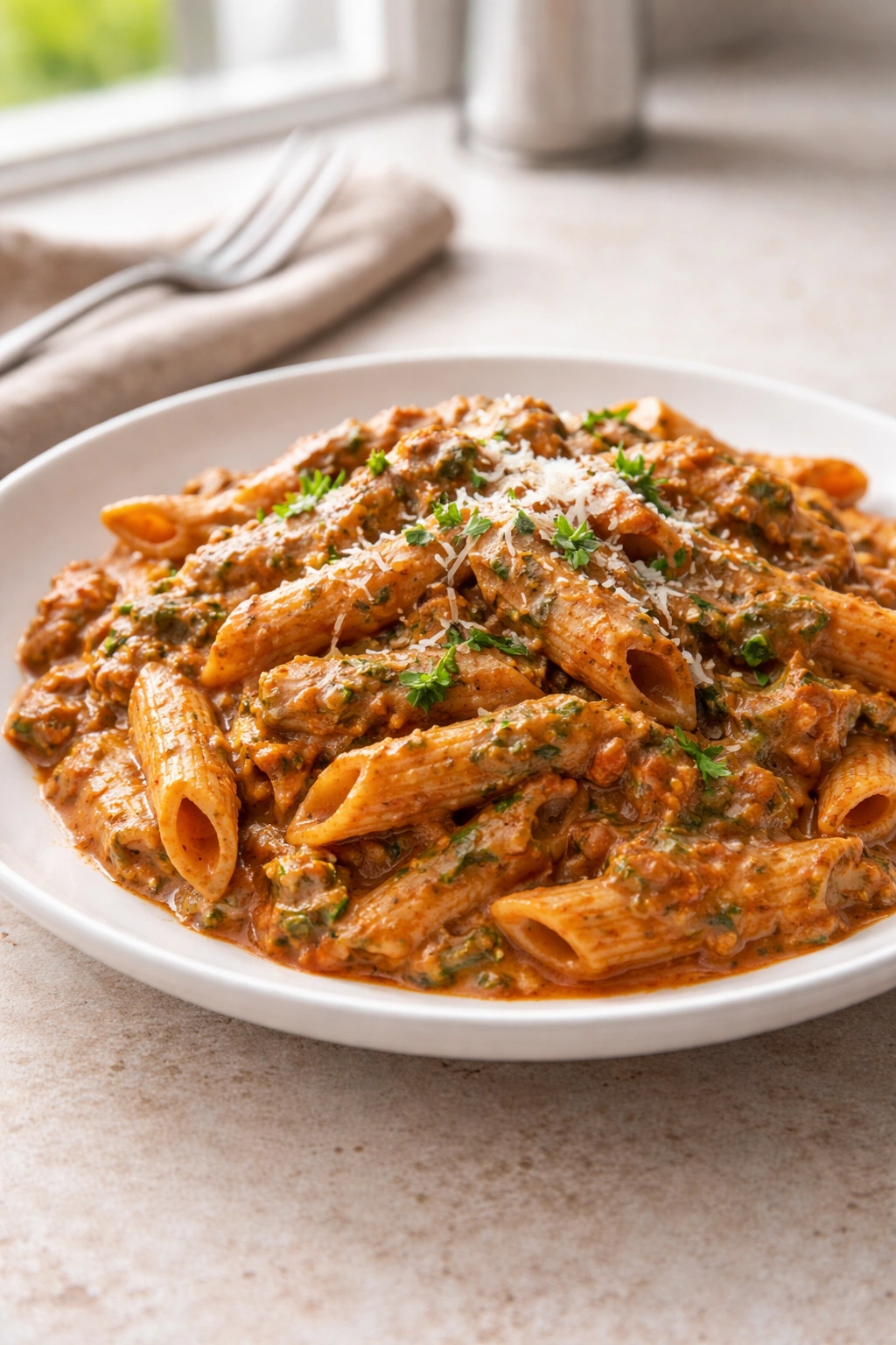 Close-up of sauce with spinach blended into tomato sauce creating brownish-red color on a plate