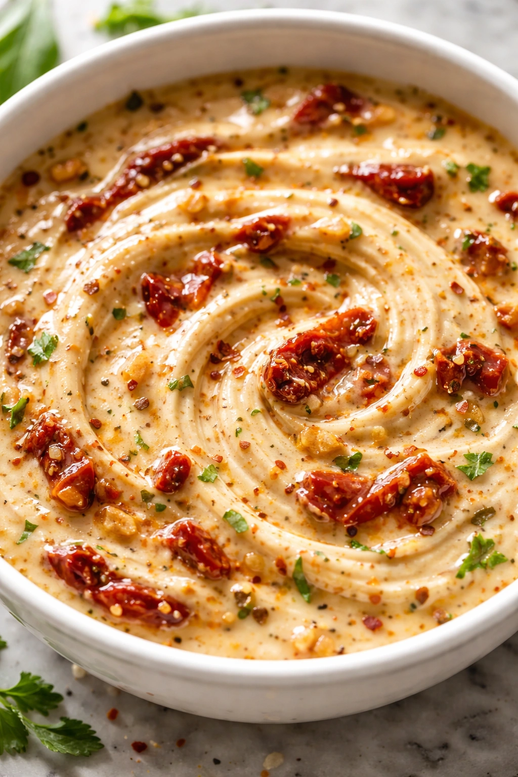 Macro view of creamy sauce with sun-dried tomato bits in a white bowl