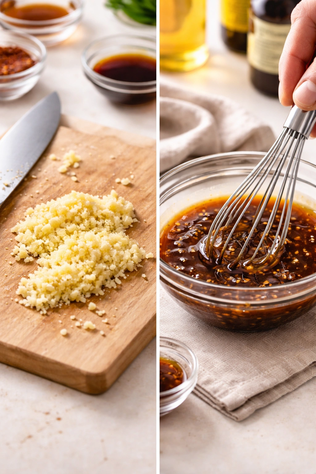 Two-panel composition illustrating aromatics prep and sauce mixing.
