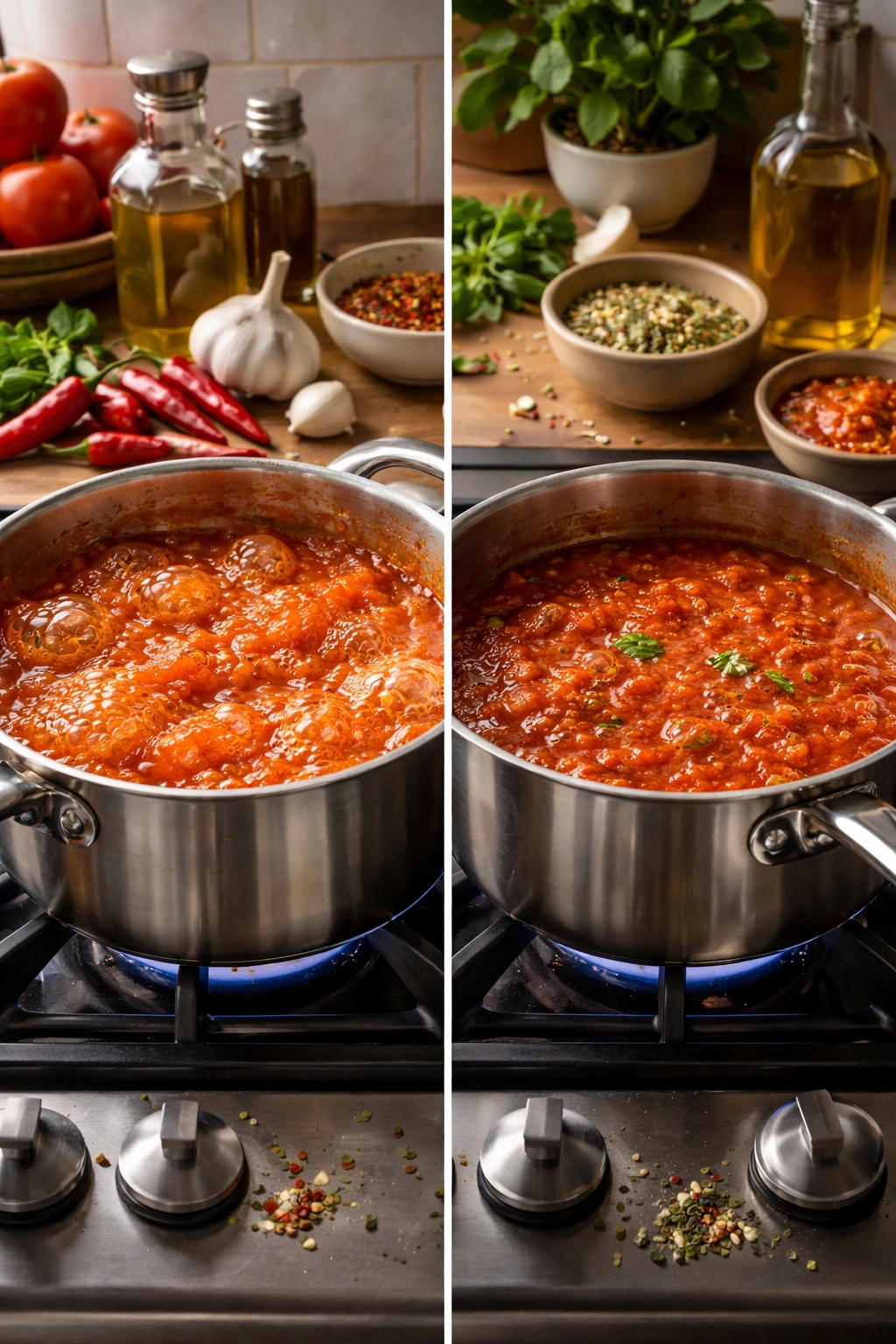 Pot showing vigorous boil versus gentle simmer to illustrate heat control