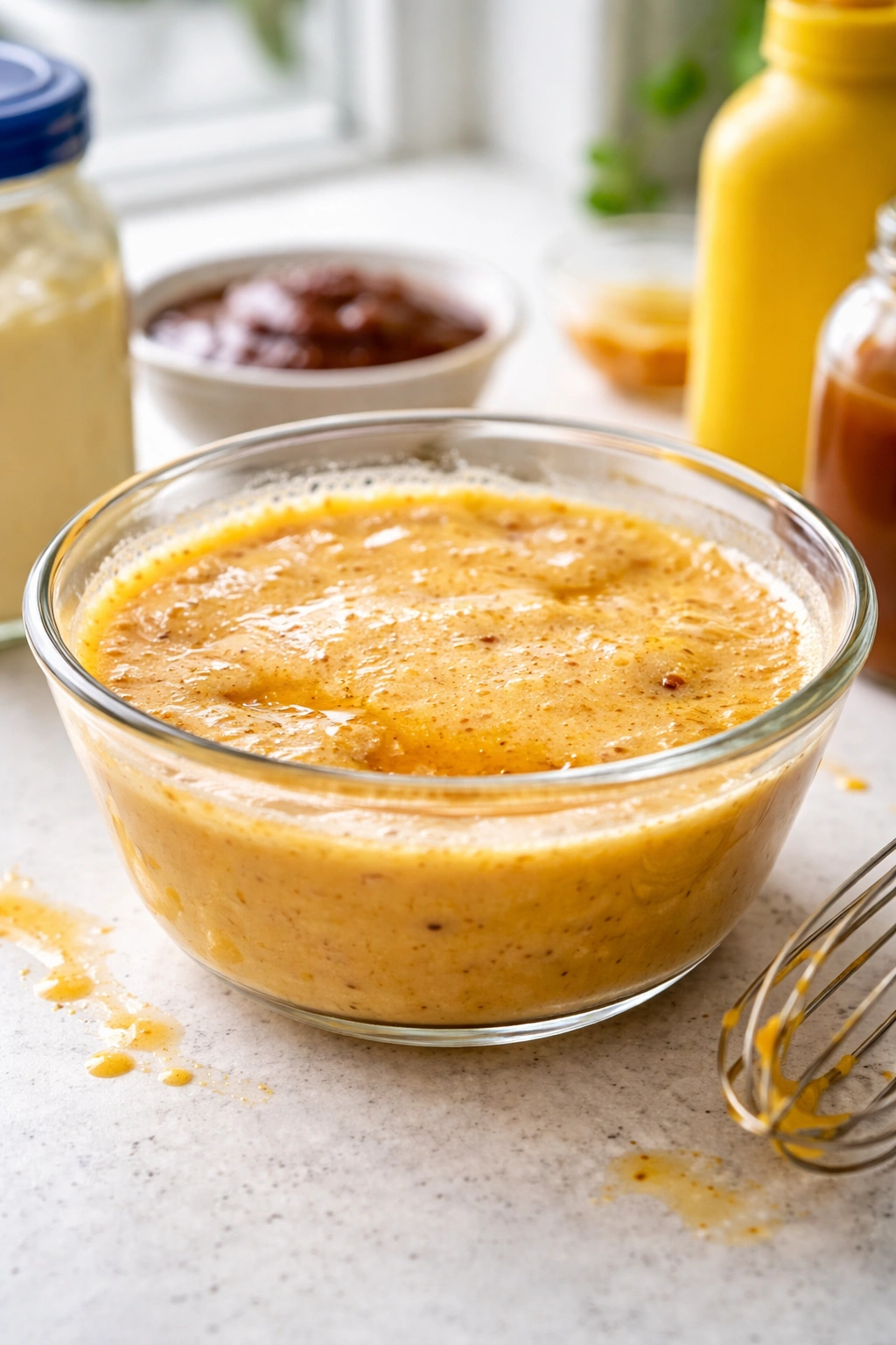 Close-up of sauce with foam and separation in a glass bowl on a clean counter
