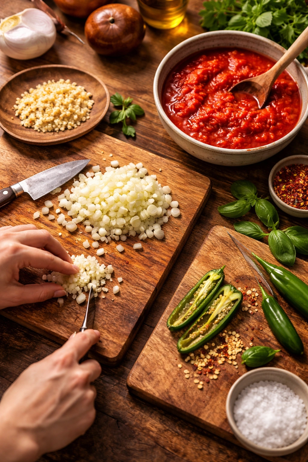 Close-up of onion, garlic, serrano pepper, and crushed tomatoes being prepped for sauce in a warm kitchen