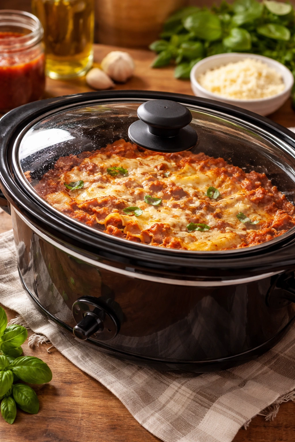 Slow cooker with saucy interior visible through glass