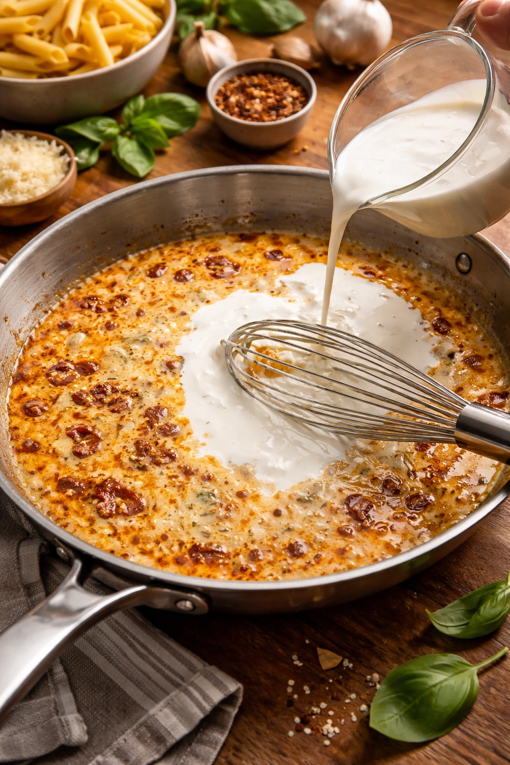 Pan with sauce showing partial separation and a whisk ready to fix the emulsion