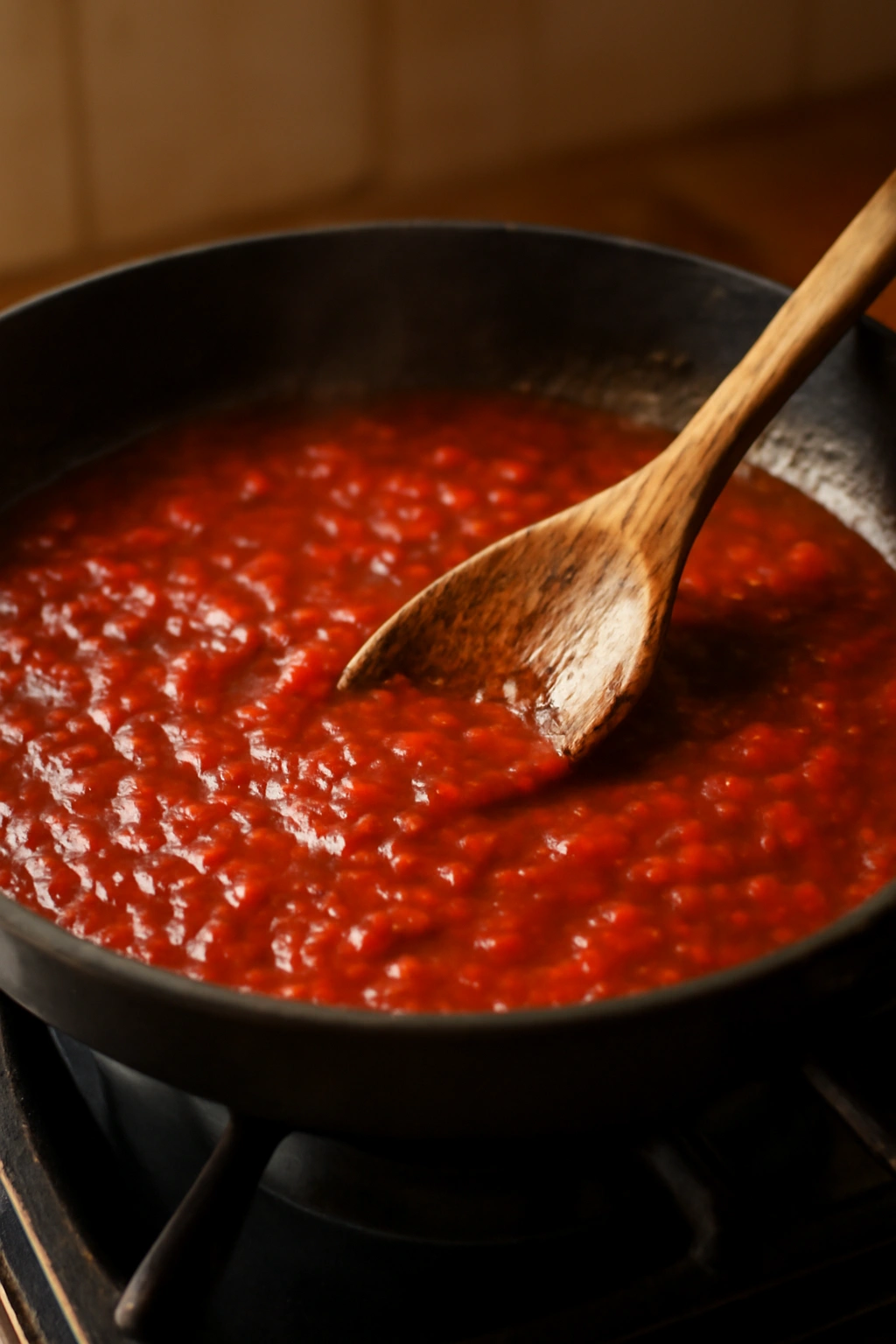 Skillet with marinara simmering and fond on the bottom being deglazed