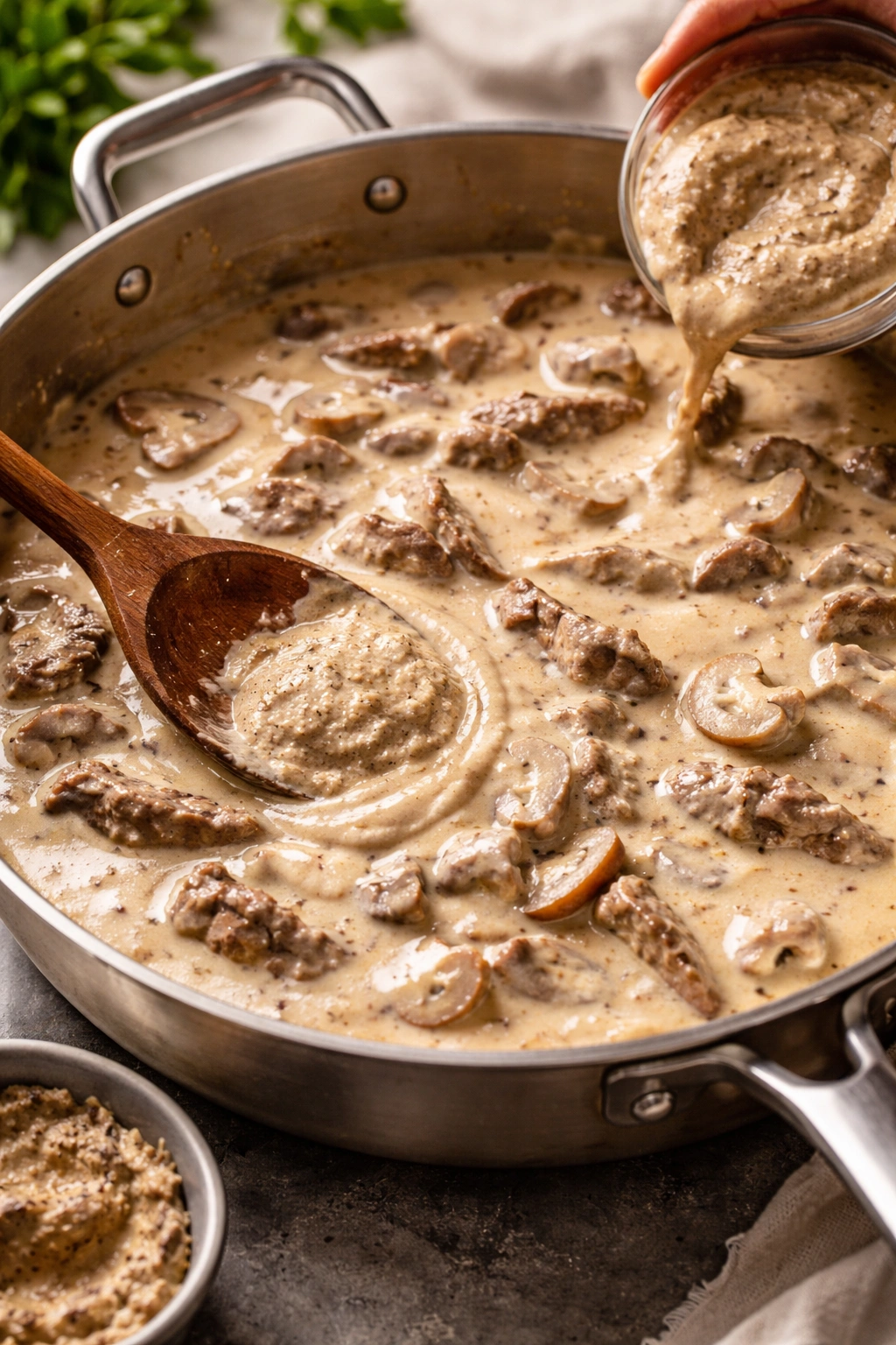 Creamy stroganoff sauce being thickened to desired consistency