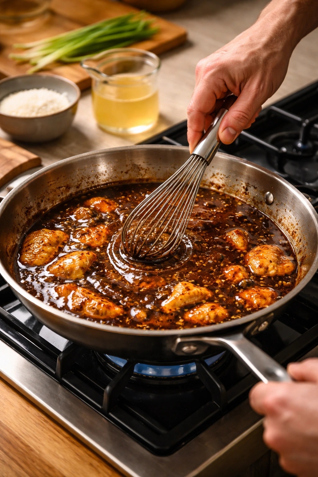 Whisking a sauce in a pan to fix thickness as part of troubleshooting