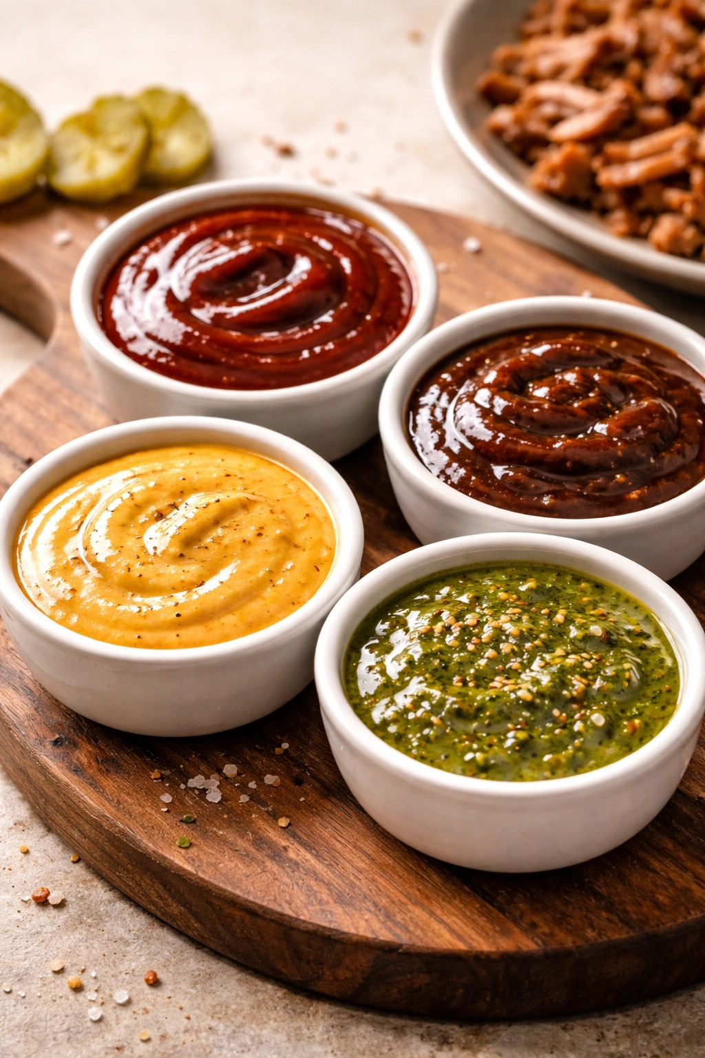 Four bowls of glossy sauces in different colors on a wooden board
