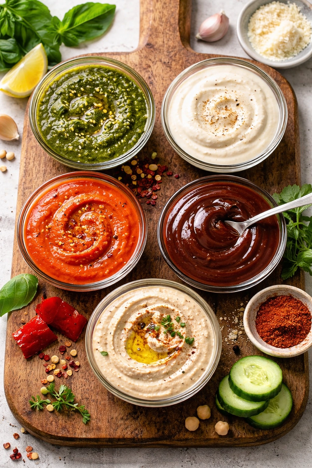 Top-down view of multiple sauce bowls featuring pesto, Alfredo, roasted red pepper, barbecue, and hummus on wood