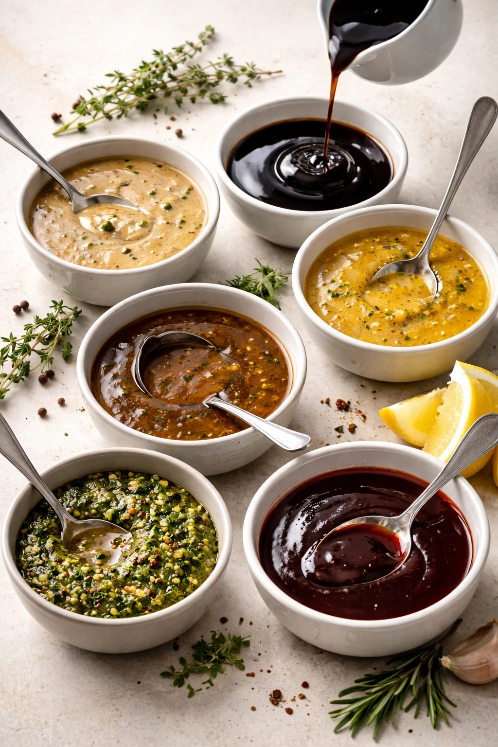 Row of glossy sauces in small bowls with a spoon on a neutral surface.