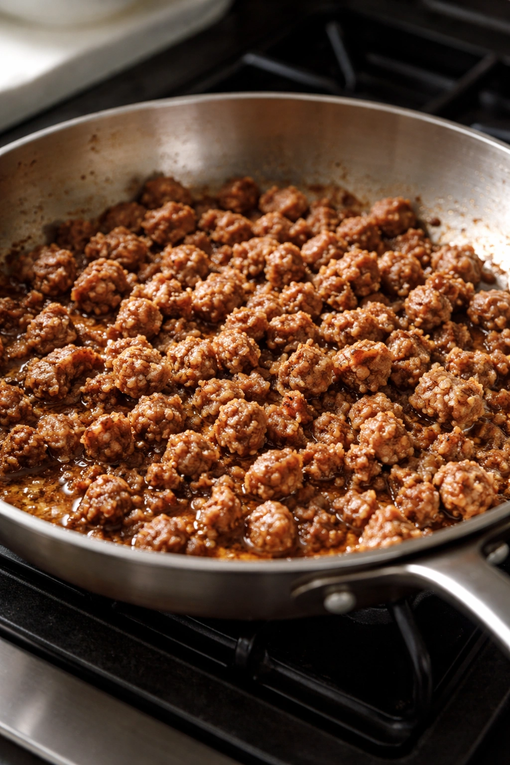 Close-up of ground Italian sausage browning in a skillet.