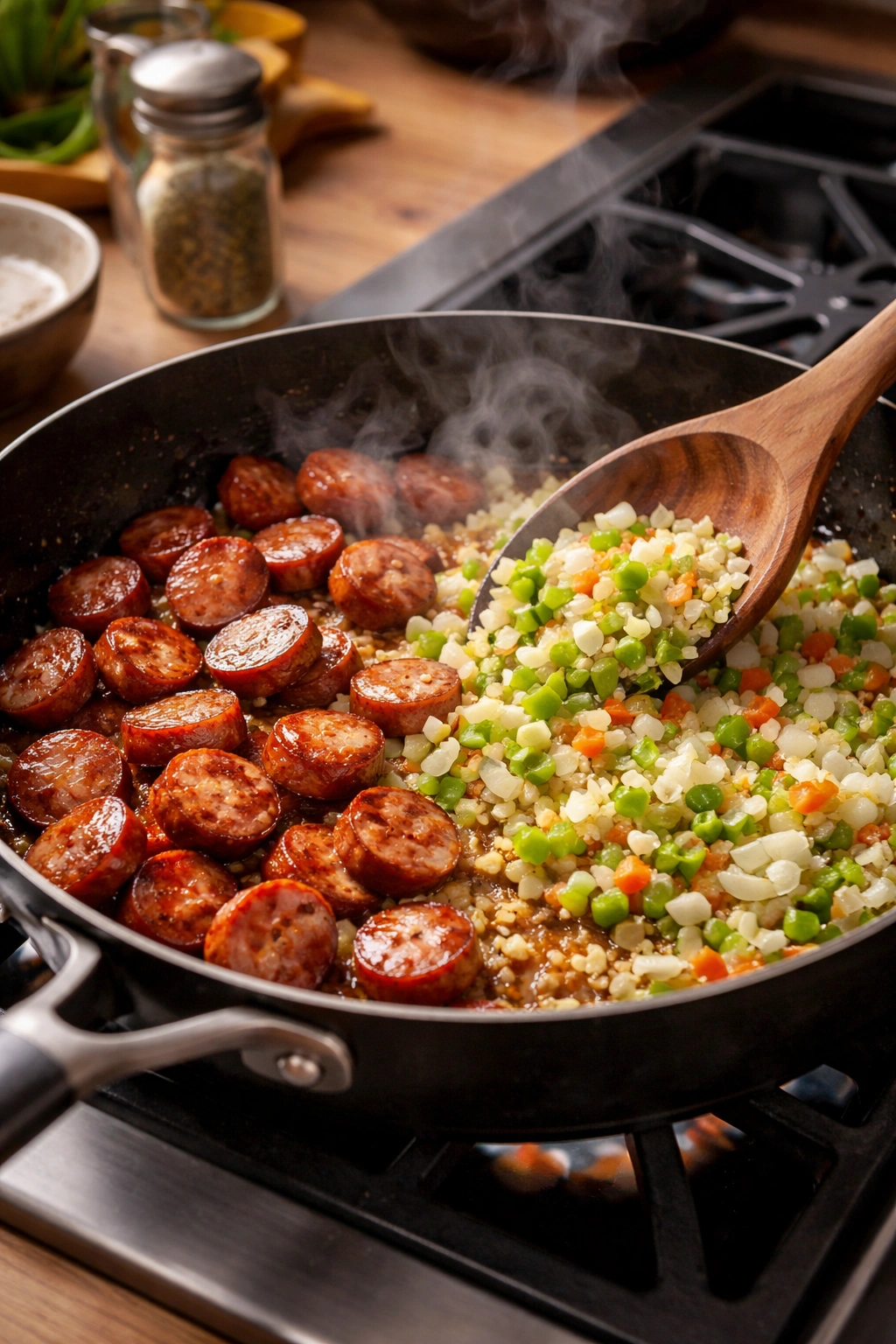 Skillet with browned sausage and aromatics cooking on stove