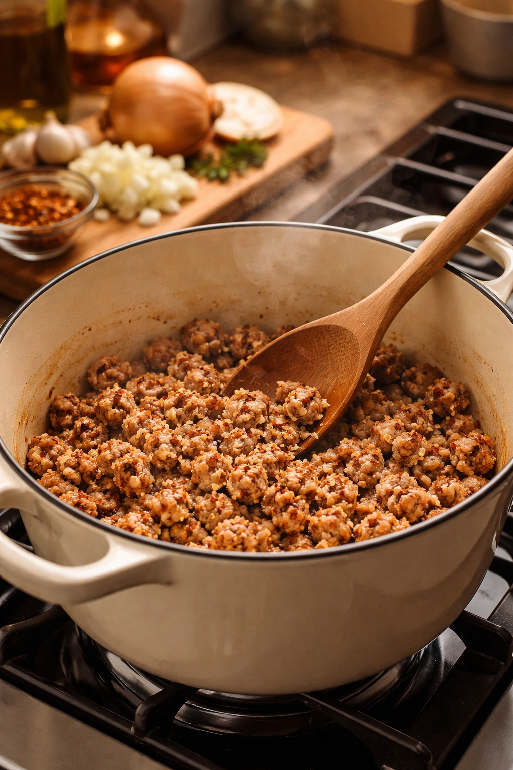 Sausage browning in a pot with a wooden spoon
