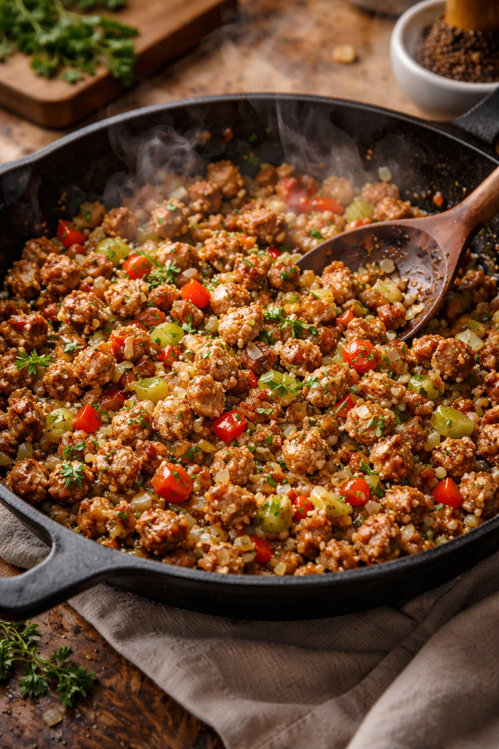 Sausage and vegetables sautéing in a pan illustrating essential cooking tips for perfect results