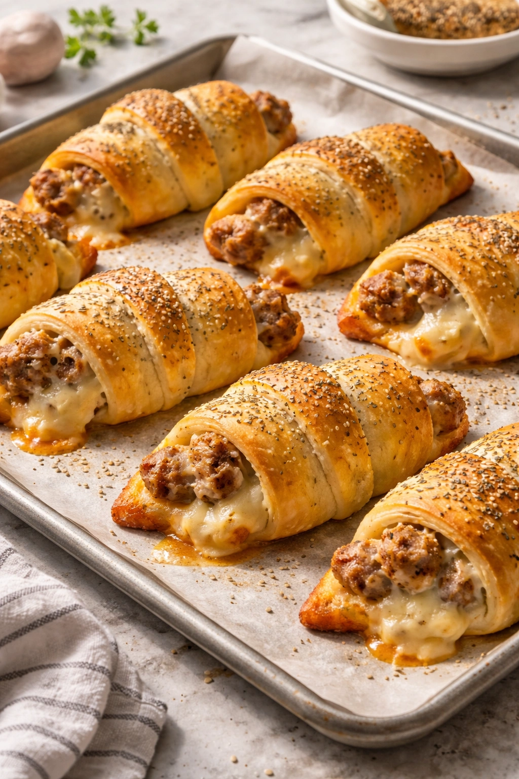 Golden Italian sausage and cheese crescent rolls on a sheet pan
