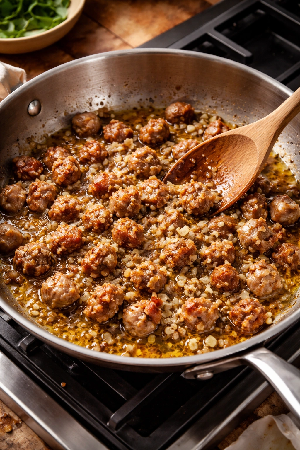Sausage browning with garlic in olive oil in pan