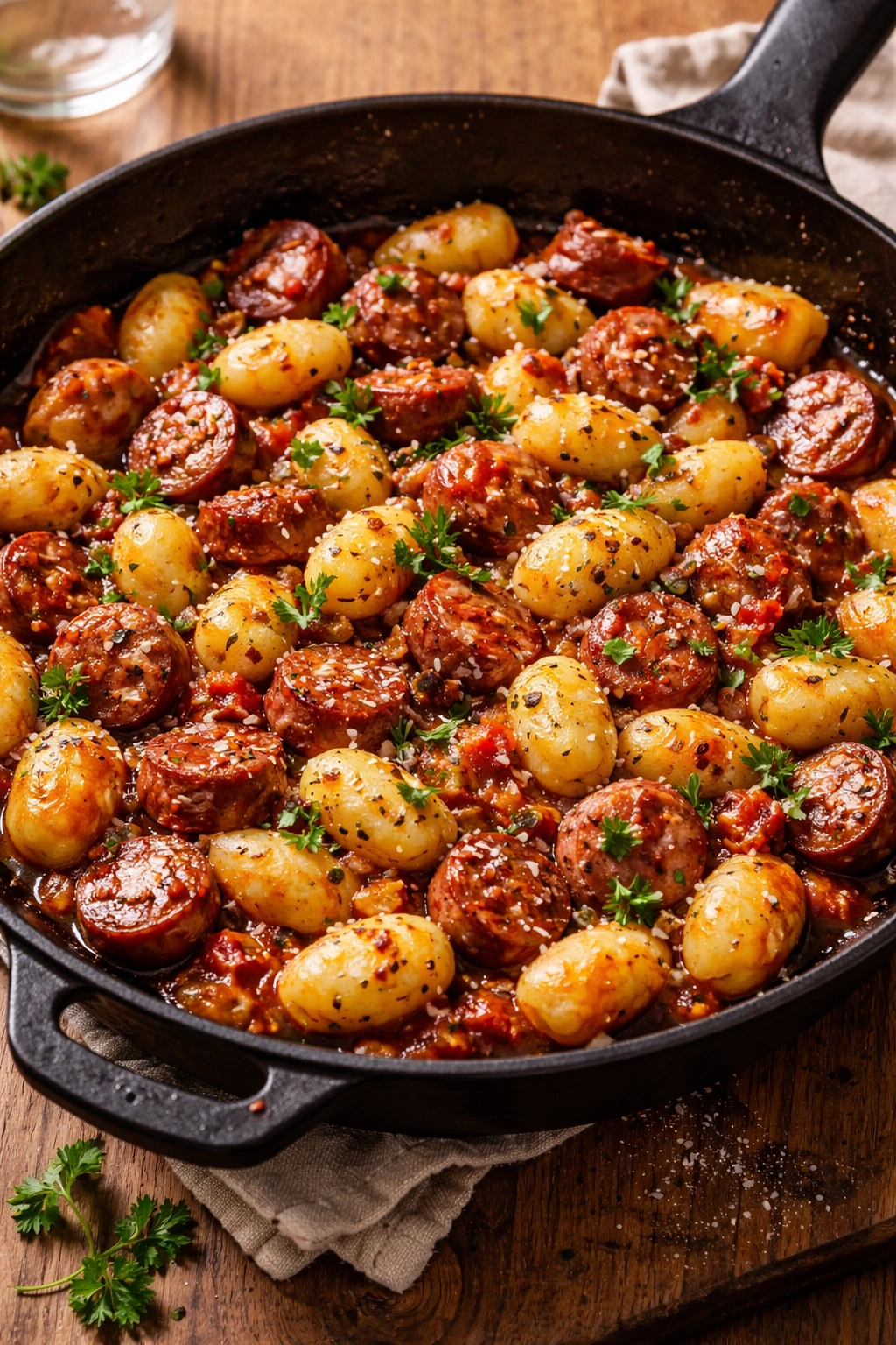 Sausage and gnocchi skillet with browned sausage and tender gnocchi