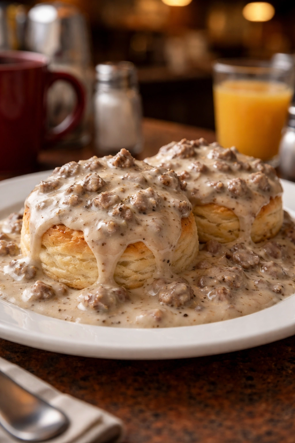 Close-up of creamy sausage gravy with browned sausage over a biscuit