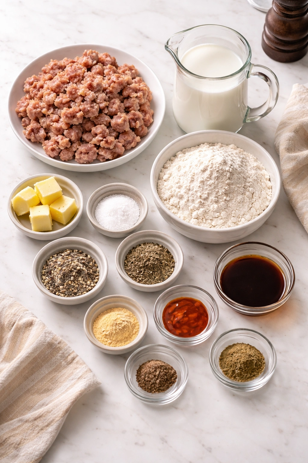 Arrangement of sausage, flour, milk, and spices for sausage gravy