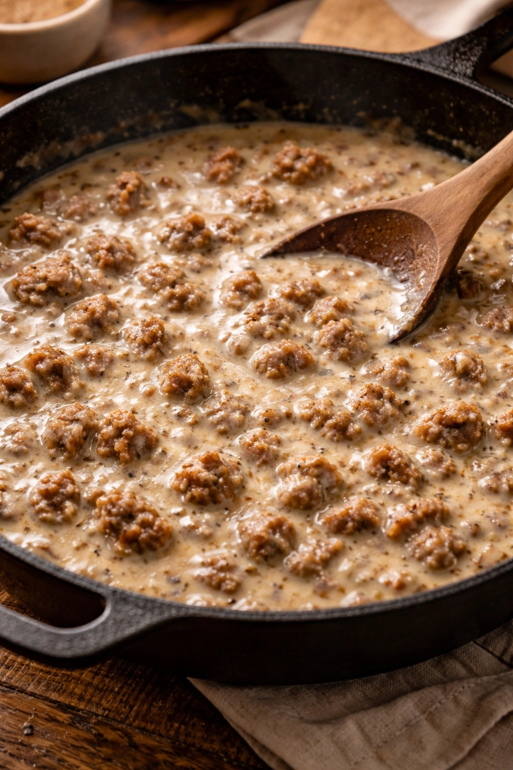 Skillet with browned sausage and thick gravy