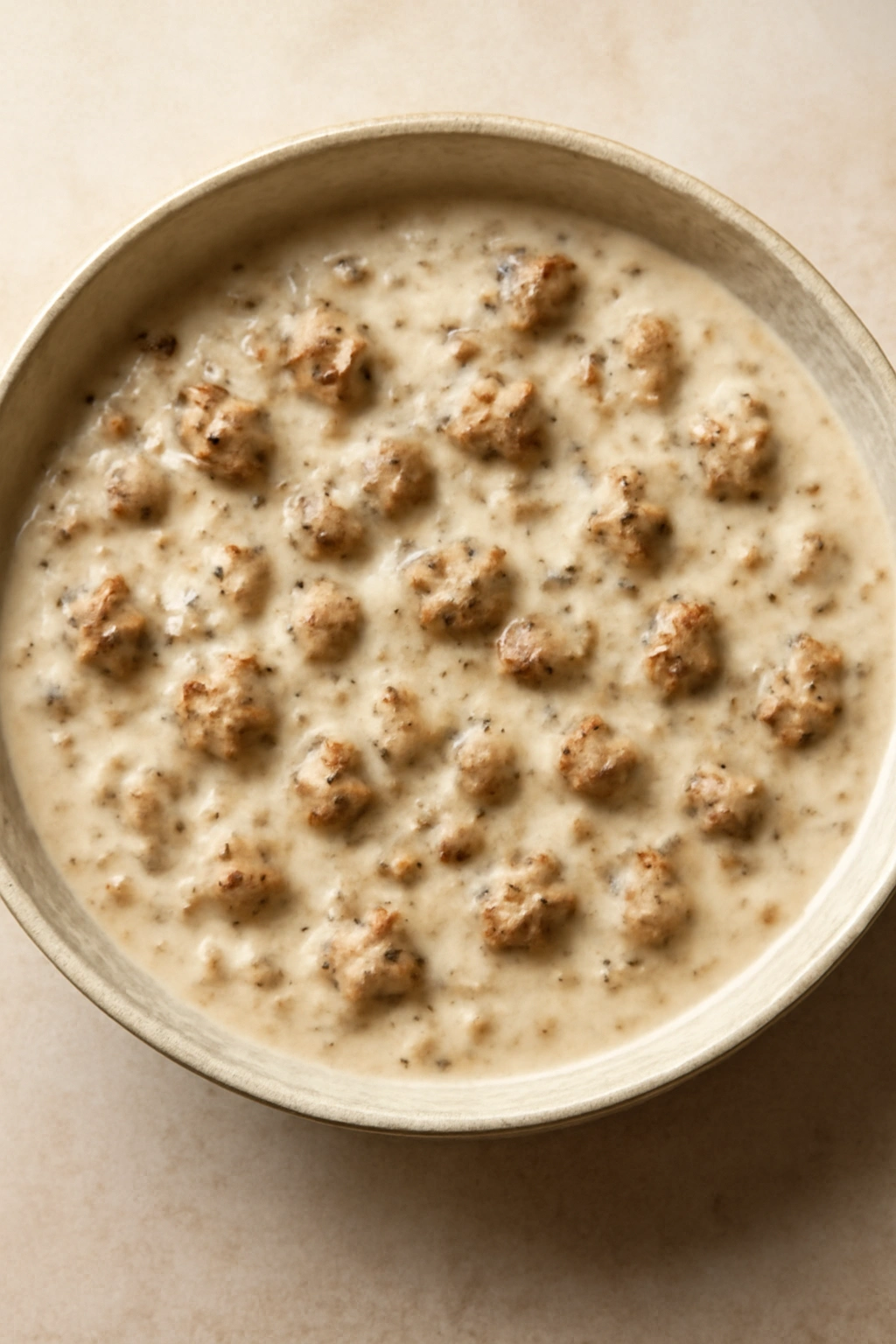 Rich sausage gravy with visible sausage pieces in a shallow bowl