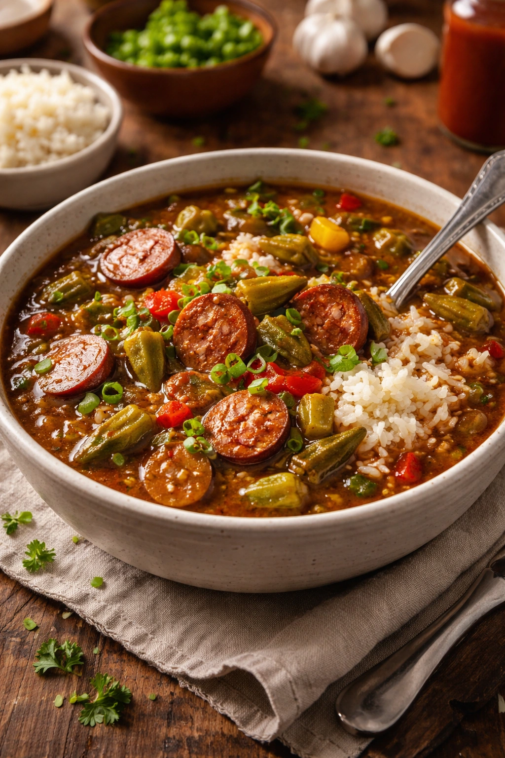 Sausage gumbo with okra and peppers in a rich broth