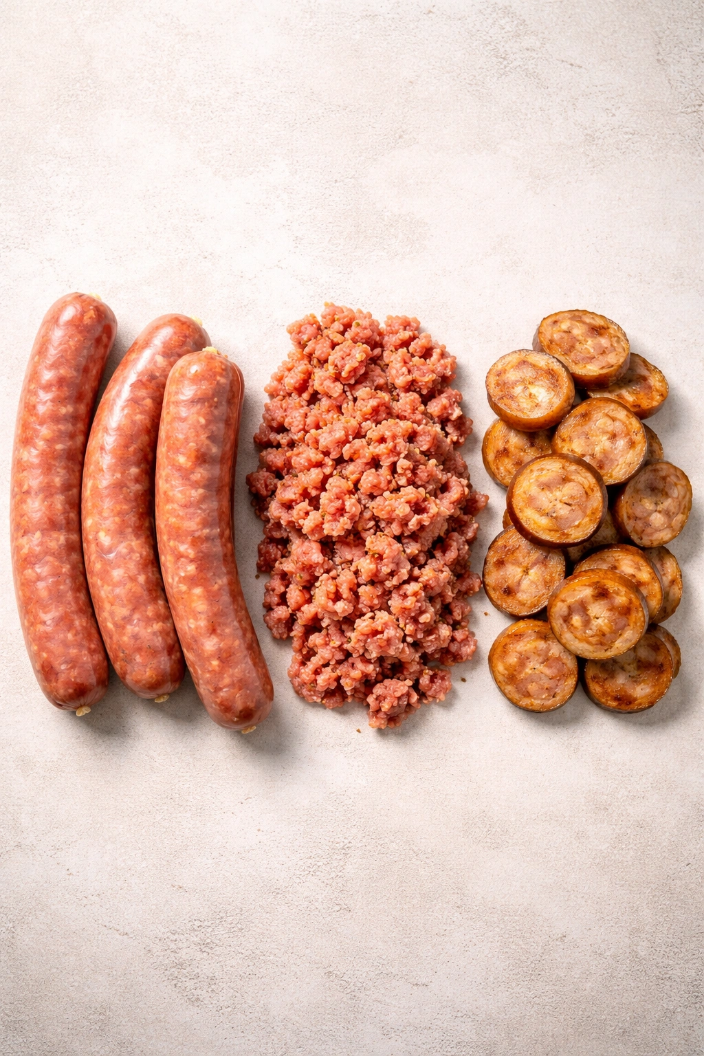 Three forms of Italian sausage: links, ground, and pre-cooked slices on a neutral background