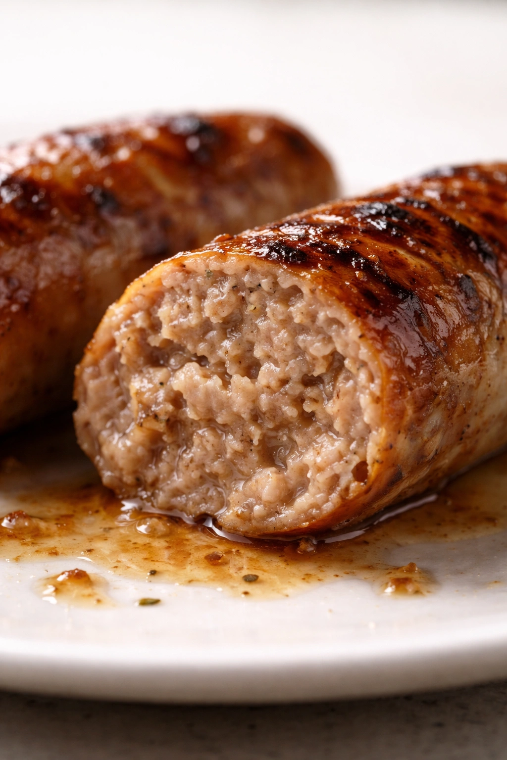 Juicy sausage close-up highlighting texture and succulence