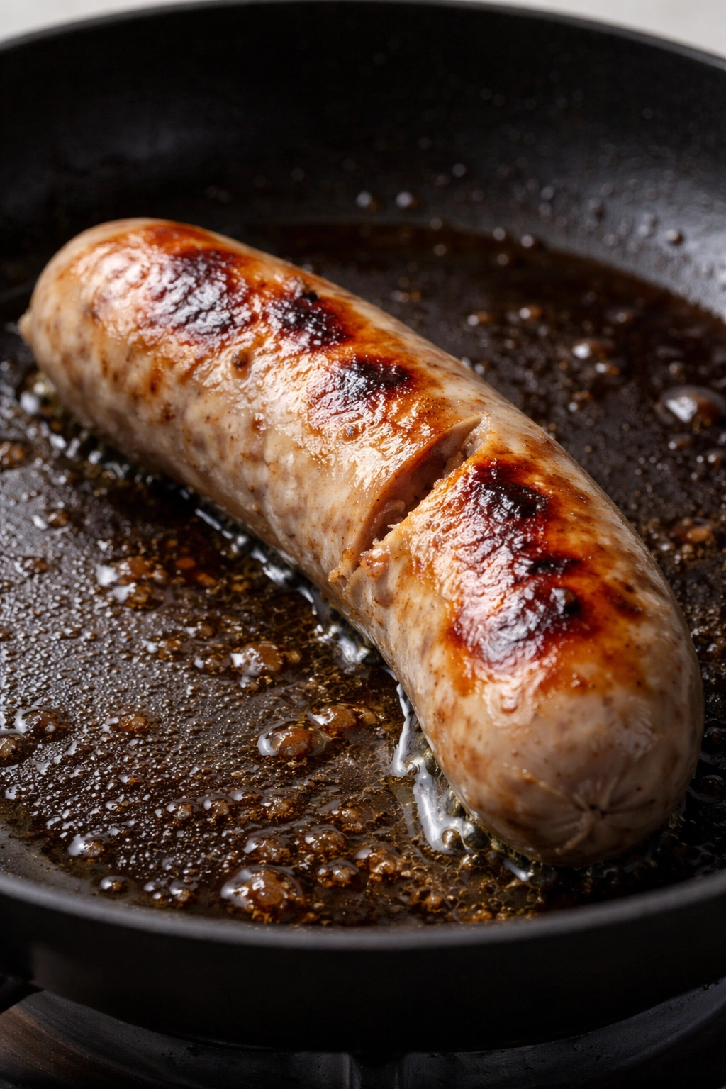 Close-up of a sausage link showing uneven browning and a split casing, illustrating common cooking mistakes