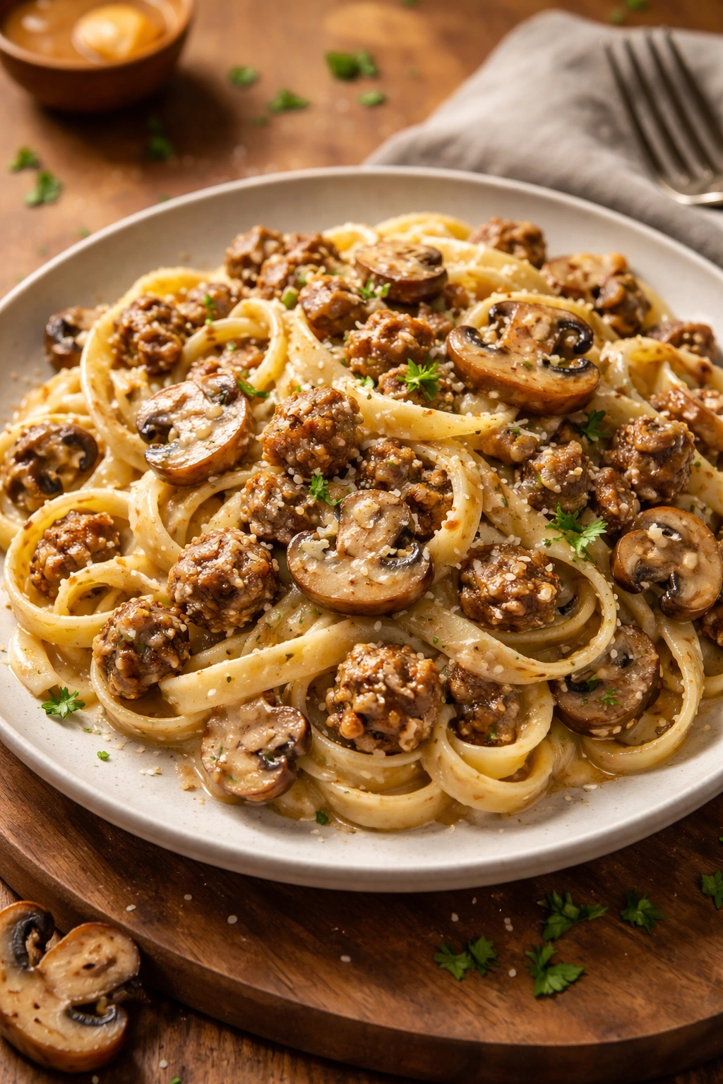 Pasta with sausage and mushrooms in cream sauce on plate