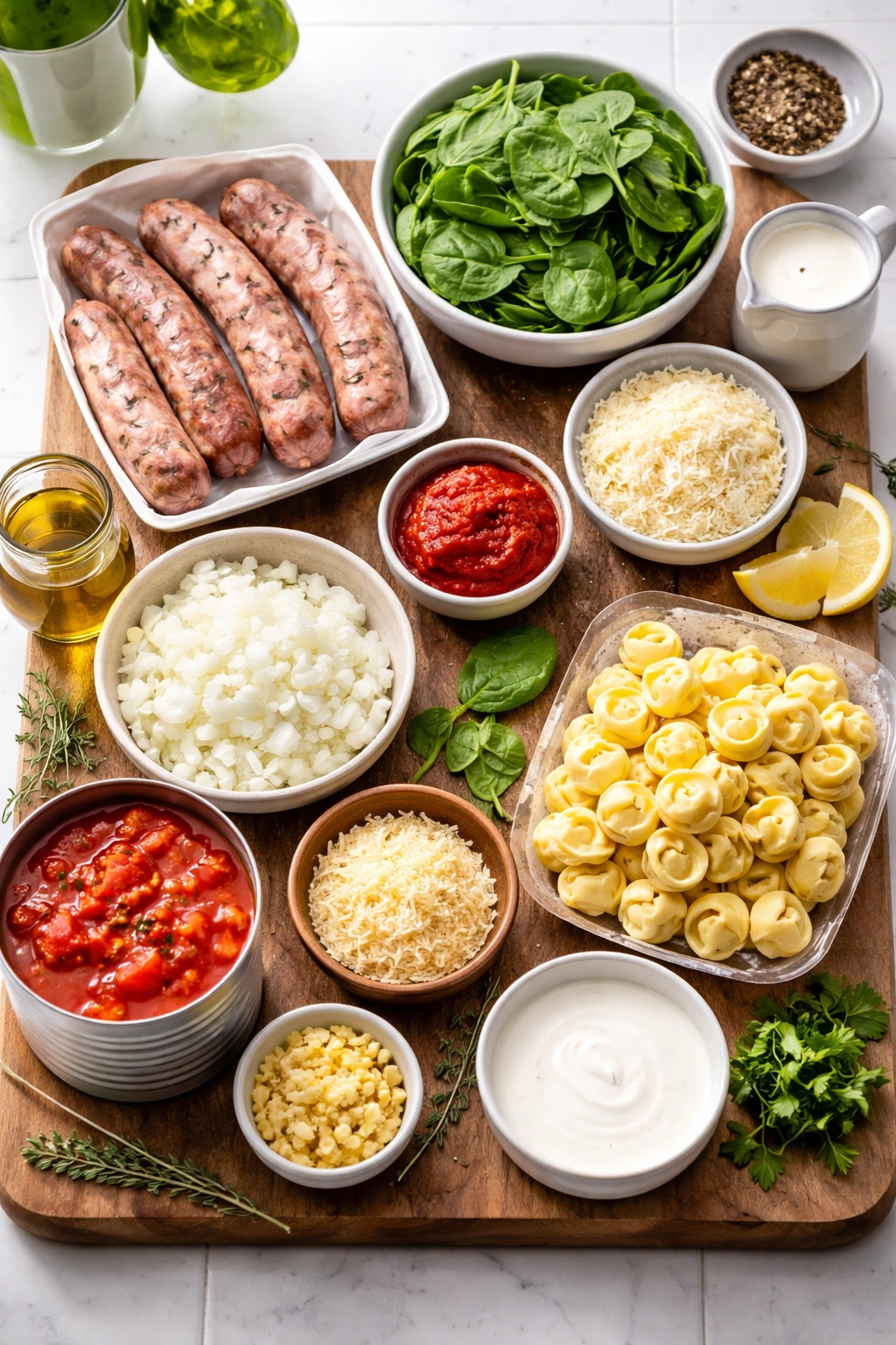 Assorted soup ingredients laid out for a recipe