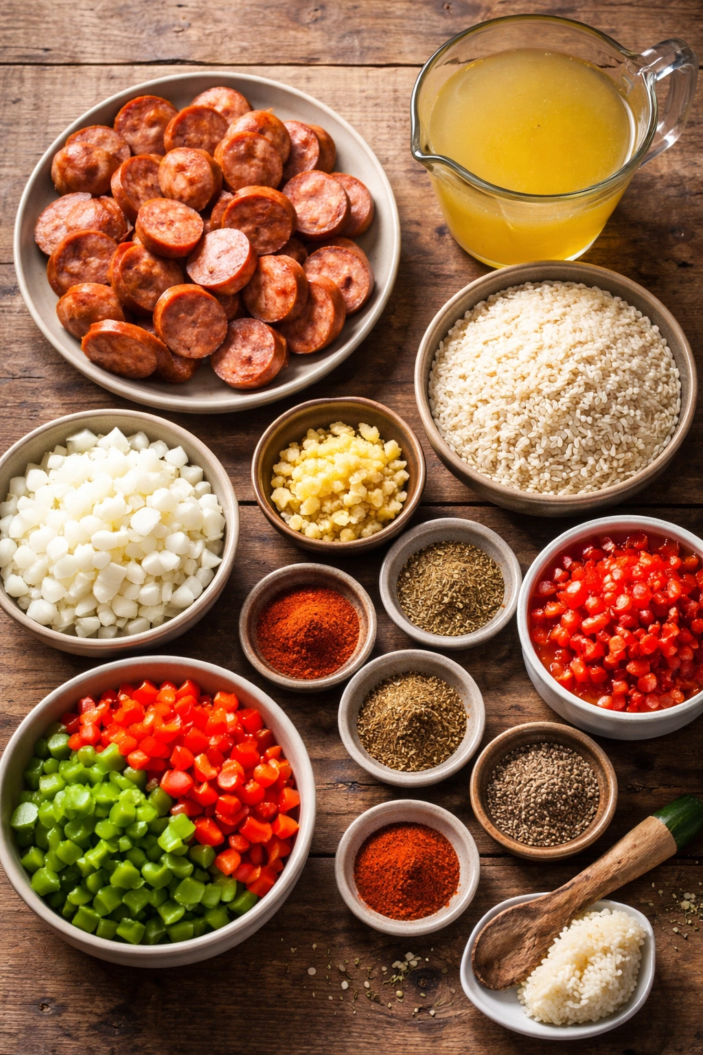 Flat lay of ingredients for Cajun rice dish