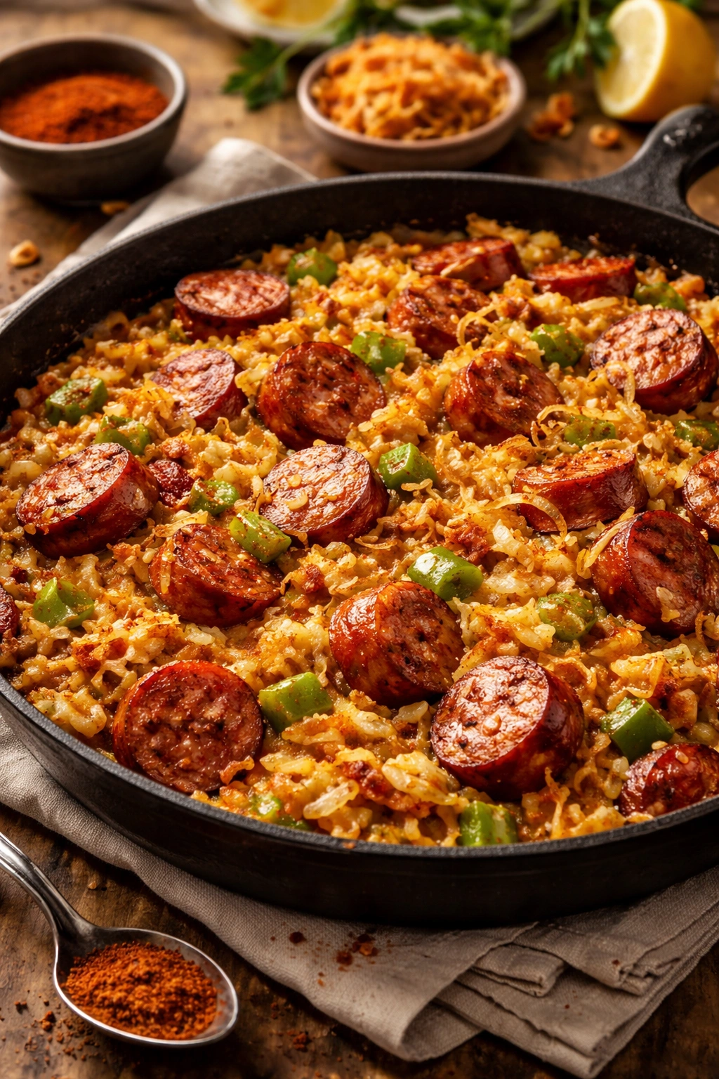 Skillet with smoked sausage and onions seasoned Cajun-style to suggest flavor variations