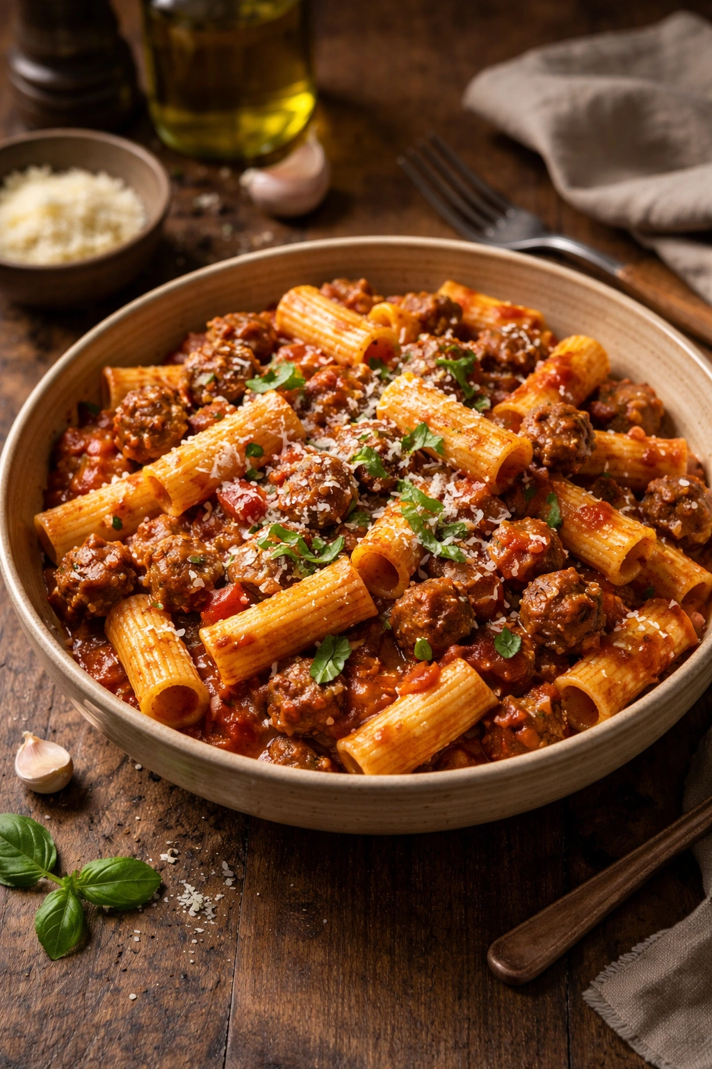 Rustic Tomato and Sausage Pasta in rustic bowl