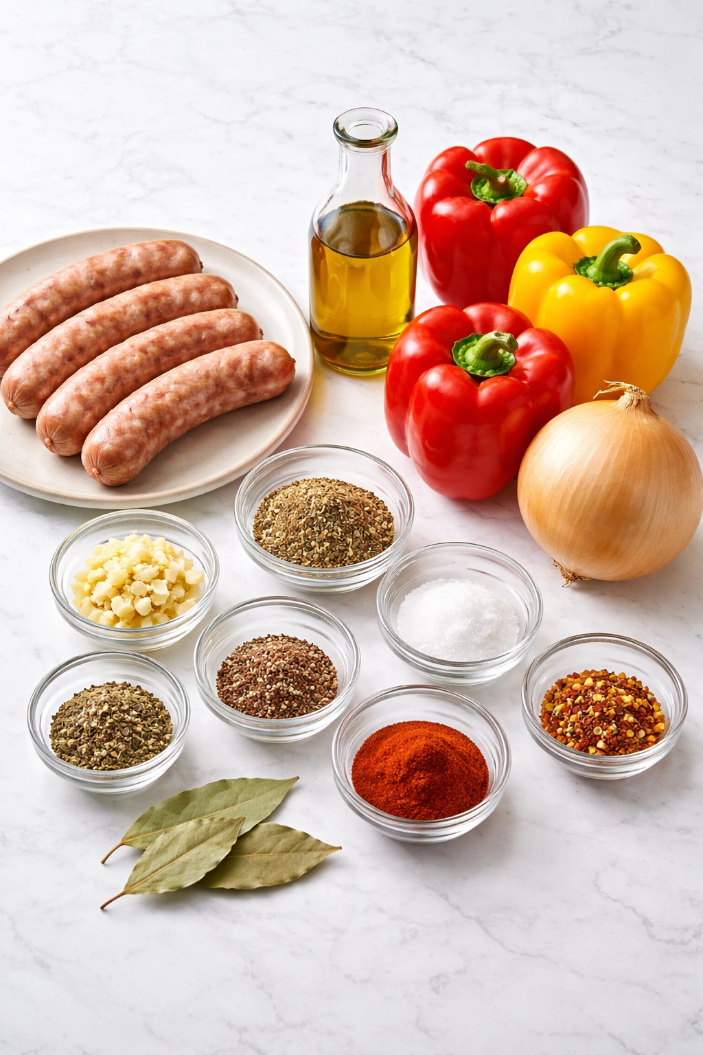 All ingredients for sheet pan sausage and peppers laid out on counter