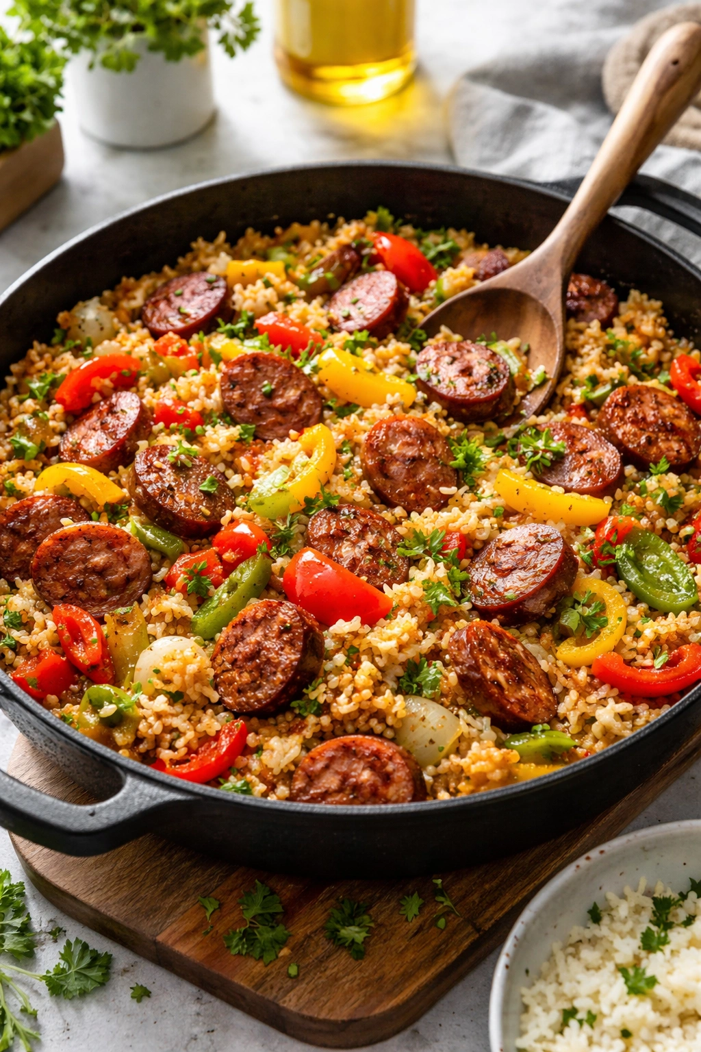 Skillet with browned sausage, peppers, and rice in a glossy pan