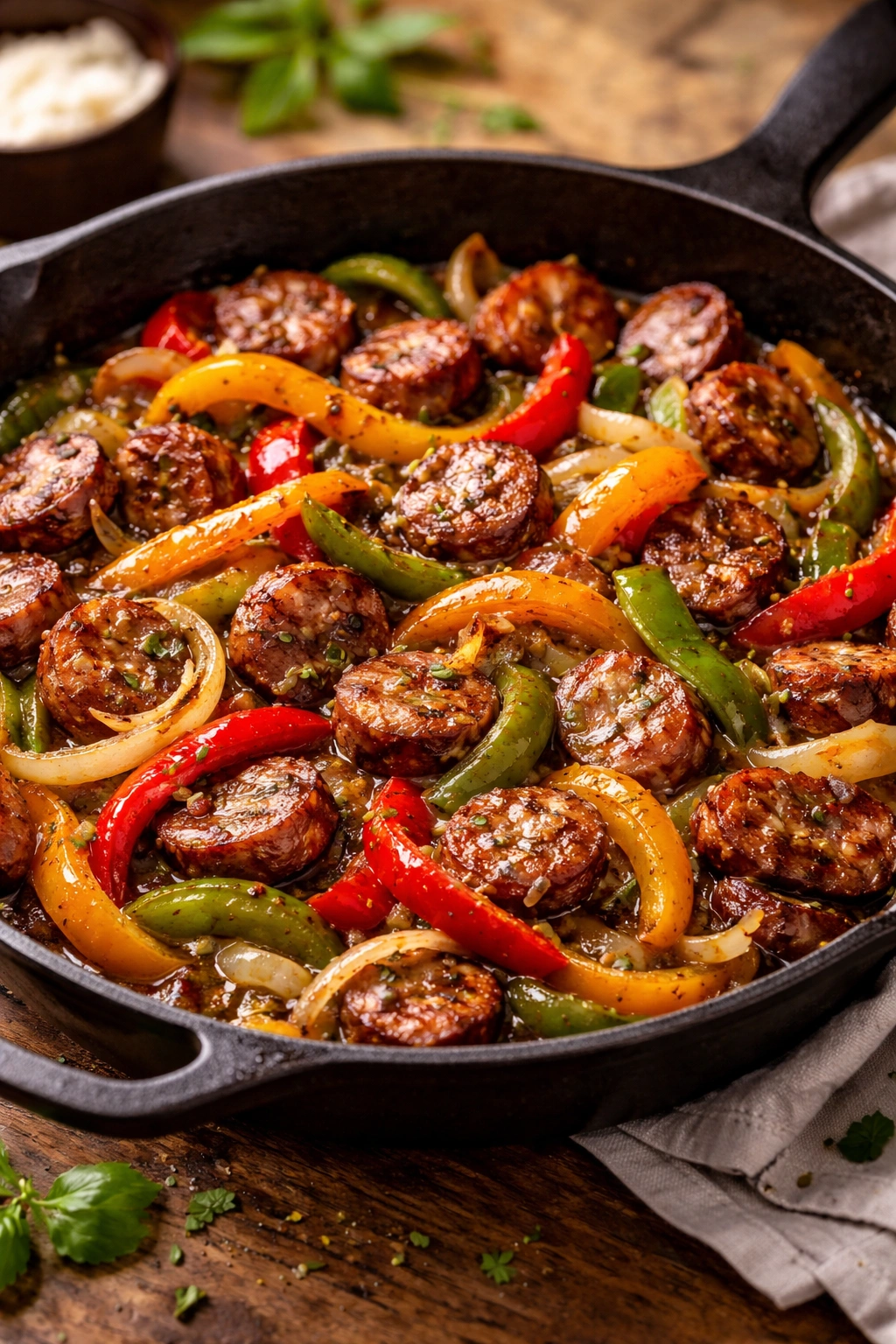 Close-up of sausage and peppers skillet with browned sausage and colorful peppers