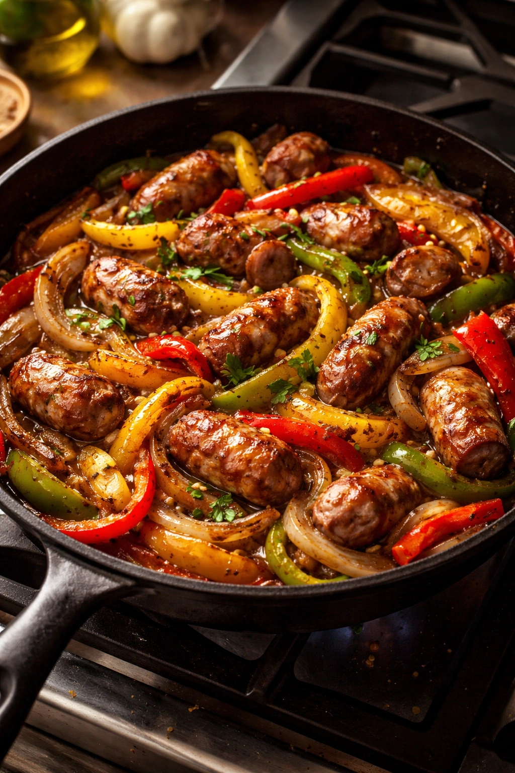 Skillet with browned sausage and caramelized peppers and onions