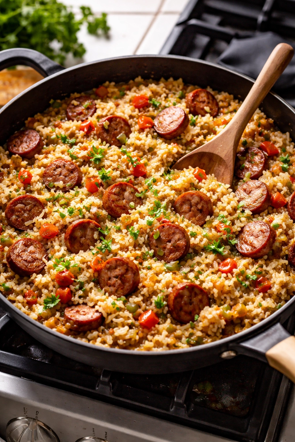 Skillet with sausage and rice cooking in savory broth