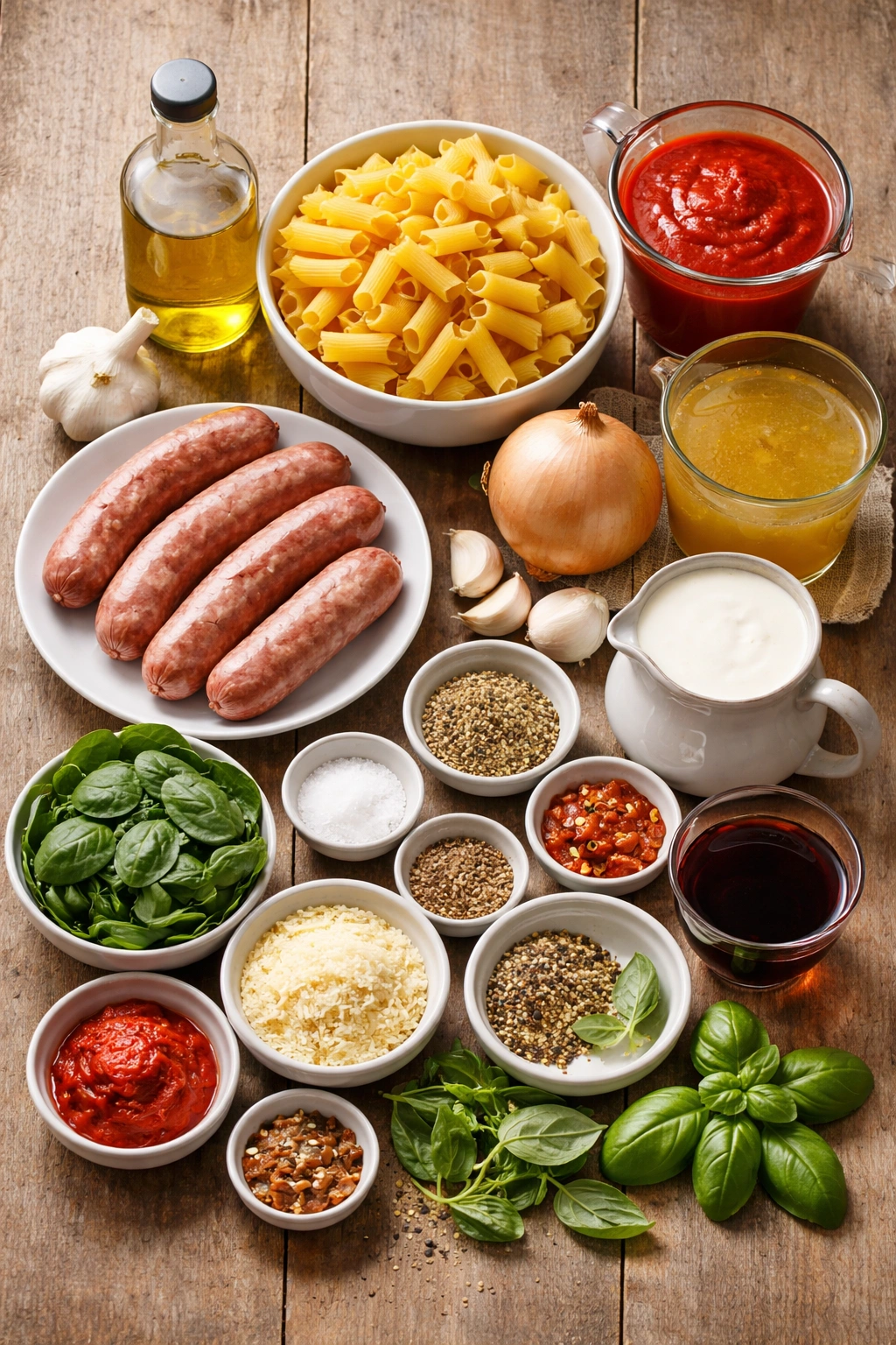 Top-down still life of all ingredients for one-pot sausage rigatoni laid out on a clean surface